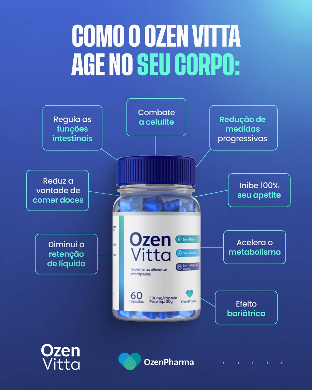 Infográfico mostrando como o OzenVitta age no corpo: regula intestino, combate celulite, reduz medidas, inibe apetite, acelera metabolismo e efeito bariátrico